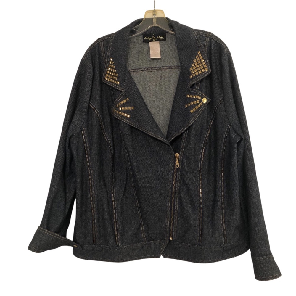 Vintage Y2K Baby Phat Dark Denim Jacket with Gold-Tone Zippers & Studs Size 2X
